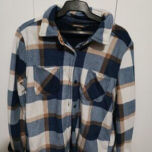 Real Tree Button Up Plaid Blue/White/Brown Fleece Shirt Jacket Size S/P